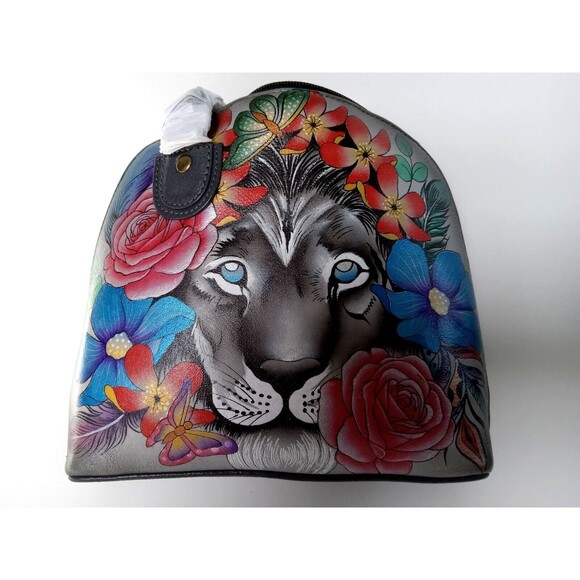 NWT Anna by Anuschka Hand-Painted Leather Lion In Flowers Domed Crossbody Bag - Picture 2 of 16